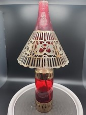 Antique Miniature Ruby Red Glass Oil Lamp Brass Glass   Pierced Metal Shade picture