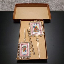 NEW in BOX VINTAGE Mirror Brush Comb Set Clear Little Girl Print Vtg 1950s picture