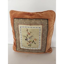 Vintage Asian Embroidered Silk Pillow Birds Chinoiserie 15x15 picture