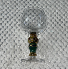 Clear Stemmed Wine Glass Goblet with Green & Gold Decorated Stem, Round picture