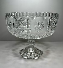 Vintage Lead Crystal Cut Pedestal Bowl Etched Flower Design Compote 7” T X 8.5 W picture
