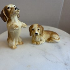 2 Vintage Bone China Brown White Hound Beagle Dog Figurine Sitting Up Taiwan 3” picture