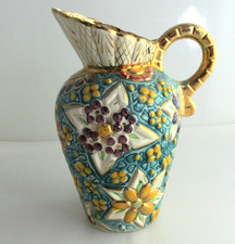 Vintage Majolica Pitcher Belgium Hand Painted 1940's Turquoise Gilt Stars 136 TR picture