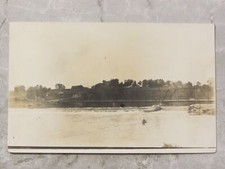 Vintage 1907-18 RPPC Postcard: Large Dam & Bridge, Man in Rowboat, U.S. River picture