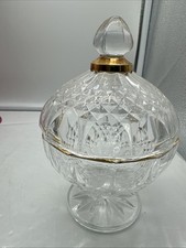 A Crystallerie D'Arques Crystal Glass Lidded Candy Dish Diamond Cut Gold Trim picture