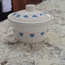 1980's Lullian Vernin Vintage Ceramic Canister White with Blue Hearts  picture