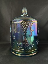 Vintage Indiana Glass Harvest Grape Blue Carnival Glass Canister Jar With Lid picture