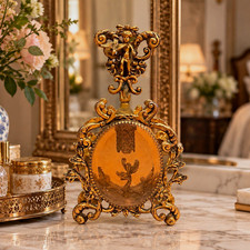 Vintage Ormolu Gilt Perfume Bottle Amber Glass Cherub Bird Rococo Vanity 9” picture