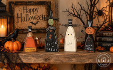 Primitives by Kathy Halloween Sitter Set 4 Witch Ghost Pumpkin Rustic Decor picture