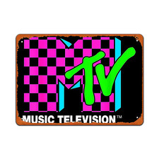 2D Flat, Vintage MTV Logo Tin Metal Signs Wall Art - Pink & Blue Checkered Desig picture