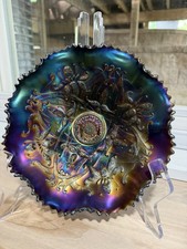 Northwood Wishbone Amethyst Carnival Glass 3Footed Ruffled Bowl Vivid Iridescent picture