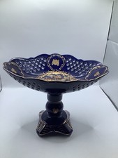 COBALT BLUE GLASS PEDESTAL COMPOTE DISH-OPEN WEAVE-GOLD DESIGN 6 1/2