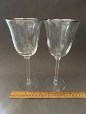 PAIR OF CLEAR CRYSTAL PLATINUM TRIM LONG STEM WINE WATER GLASSES VINTAGE picture