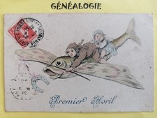 Old postcard 1920 illustration fantasy FLYING FISH airplane airplane 1st April flowers picture