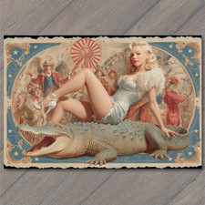 POSTCARD Circus Woman Glamorous Dress Alligator Carnival Stars Vintage Poster picture