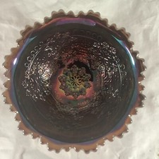 Vintage Fenton Carnival Glass Amethyst Leaf Chain Bearded Berry 6.5” Footed Bowl picture