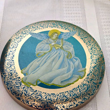 Vtg Meister Made in Brazil Round Metal Tin Angel Trinket Box w/ Lid Blue Gold  picture