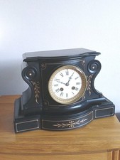 BLACK SLATE ORNATE ANTIQUE DAY MANTLE CLOCK.CIRCA 1890. GOOD WORKING ORDER. picture