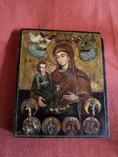 Antique 18-19thC Russian Greek Orthodox Icon Vergin Mary Christ Saints  picture