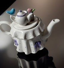 Vintage Teleflora Tea Pot Purple Bows Blue Bird and Purple Flower picture