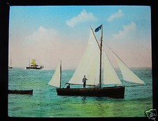 Glass Magic Lantern Slide YACHT WITH STEAMER IN DISTANCE C1910 SOLENT ? QUEEN ? picture