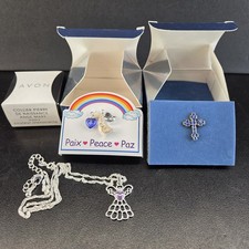 Avon Lot of 3 Religious Angel Cross Birthstone Necklace & Pins w/ Original Boxes picture