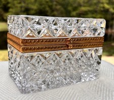 Vintage Cut Crystal Jewelry Casket Box Gilt Brass Hinged Trinket Starburst picture