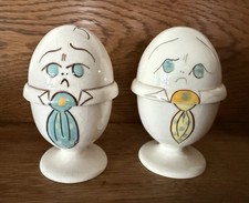 1950s Gayet California Pottery Humpty Dumpty Egg Cups Pair Sad Face MCM Vintage picture