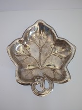 Vintage Silver Tone Leaf Dish Hong Kong 6in Trinket Tray Silverplate Metalware picture