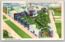 NY Worlds Fair 1939 Linen Postcard American Telephone Telegraph Exhibit Aerial picture
