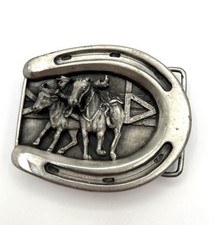 1984 Bergamot Brass Works Western Americana Cowboy & Horse Horseshoe Belt Buckle picture