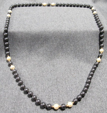 Vintage faux pearls goldtone metal & hematite beaded necklace 31 inches long picture