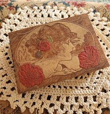Art Nouveau Hinged WOODEN BOX Wood Pyrography Lovely Lady Painted Poppies NICE picture