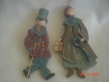 CHARMING Vtg. ALL WOOD HAND-PAINTED VICTORIAN LADY & MAN 3-D ORNAMENTS 5 1/2