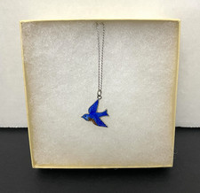 VTG Wells Sterling Silver Guilloche Enamel Bluebird of Happiness Charm Necklace picture