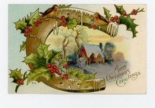 Vintage Postcard  Christmas Horseshoe Landscape Embossed Unposted Divided picture
