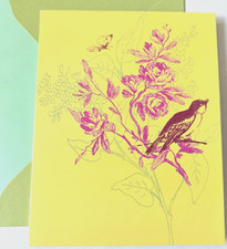 Papyrus Greeting Card Blank Note Card Bird Butterfly Pink Flowers on Yellow picture