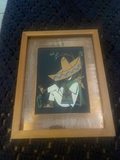 Old  Mexican Folk Art Siesta Sleeping Man Painting  Hand Pounded Copper Frame  picture