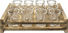 Brwon Wood Tasting Holding Tray, Flight Serving Caddy Set w/ 12 Shot Glasses picture