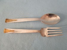 SALAD SERVER SPOON & FORK (silverplate w/ gold trim) MEXICO 4D85 modern utensil  picture