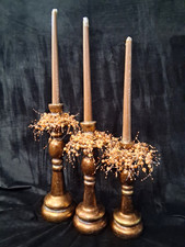 UNIQUE VINTAGE Turned Wood Candlestick Set Multi‑Size Holders MID-CENTURY DECOR picture