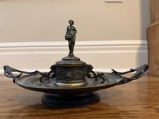 Antique Brass Desk Inkwell w/ Hinged Lid, Lady Figure Finial, Handles & Dip Pen picture