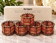 Set of 5 Pier 1 Moroccan Napkin Rings Copper Metal Red Beads Xmas Fall Holiday picture