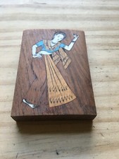 Vintage Handcraft Bone Inlaid Brown Marquetry Women Dancer Wooden Paperweight picture