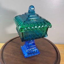 Vtg Jeanette Blue Green Flashed Wedding Cake Box Pedestal Ombré Glass 8.5