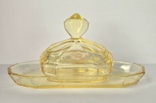 1930's STOLZ von STREIT Antique CITRON Yellow PRESSED Glass ~ 3 Piece VANITY Set picture