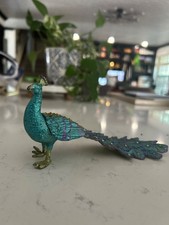 Jeweled Enamel Peacock Trinket Box Hinged Turquoise Purple Rhinestones 6” picture