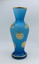 Art Nouveau FRENCH BLUE OPALINE Glass Enameled Gold Gilded Vase picture
