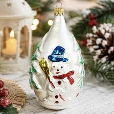 VTG Columbia Mercury Glass Snowman Forest Pattern Christmas Teardrop Ornament 4” picture