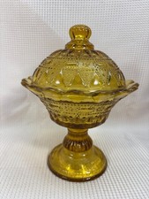 100 Vintage Kemple Wheaton Amber Glass Lace Dewdrop Pedestal Covered Candy Dish picture